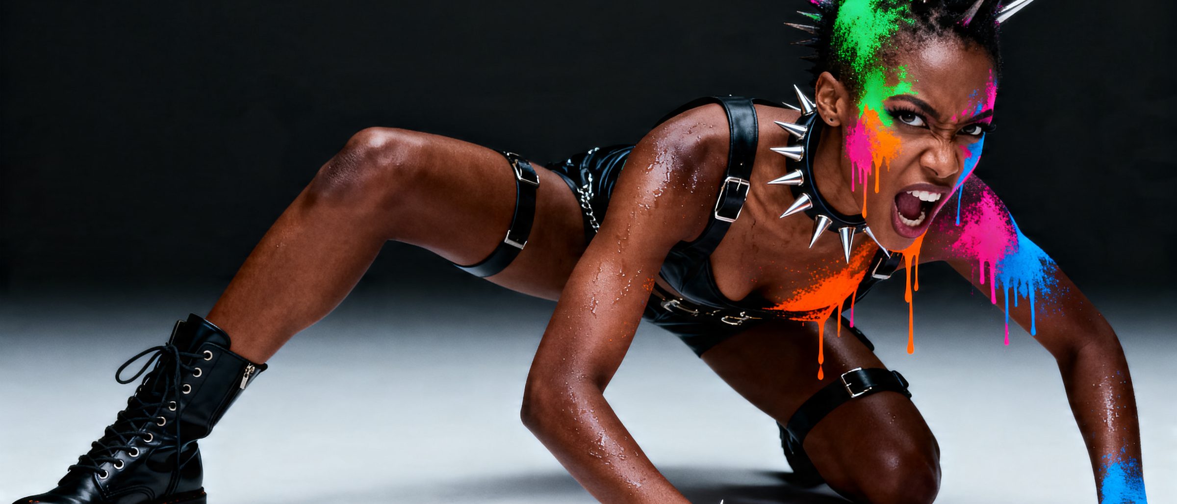 A dancer low to the ground, paint dripping, smoke drifting across the floor