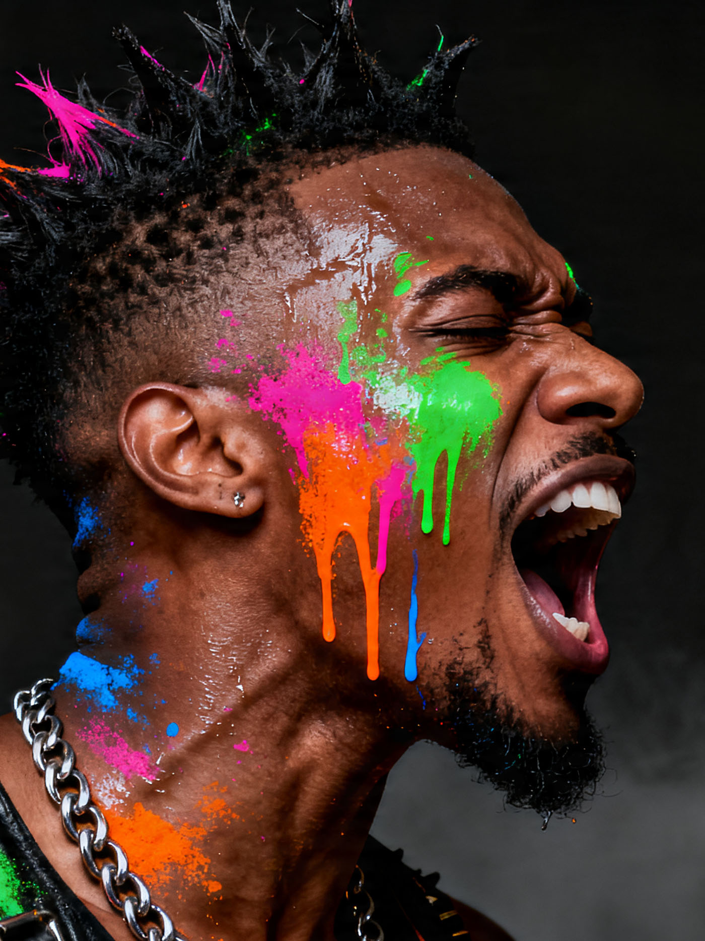 A dancer on the floor covered in pink, orange and blue powder