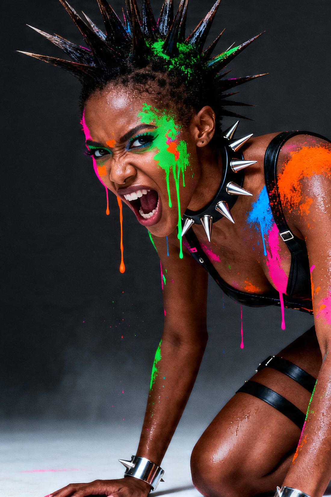 Dancer mid-shout, green paint running