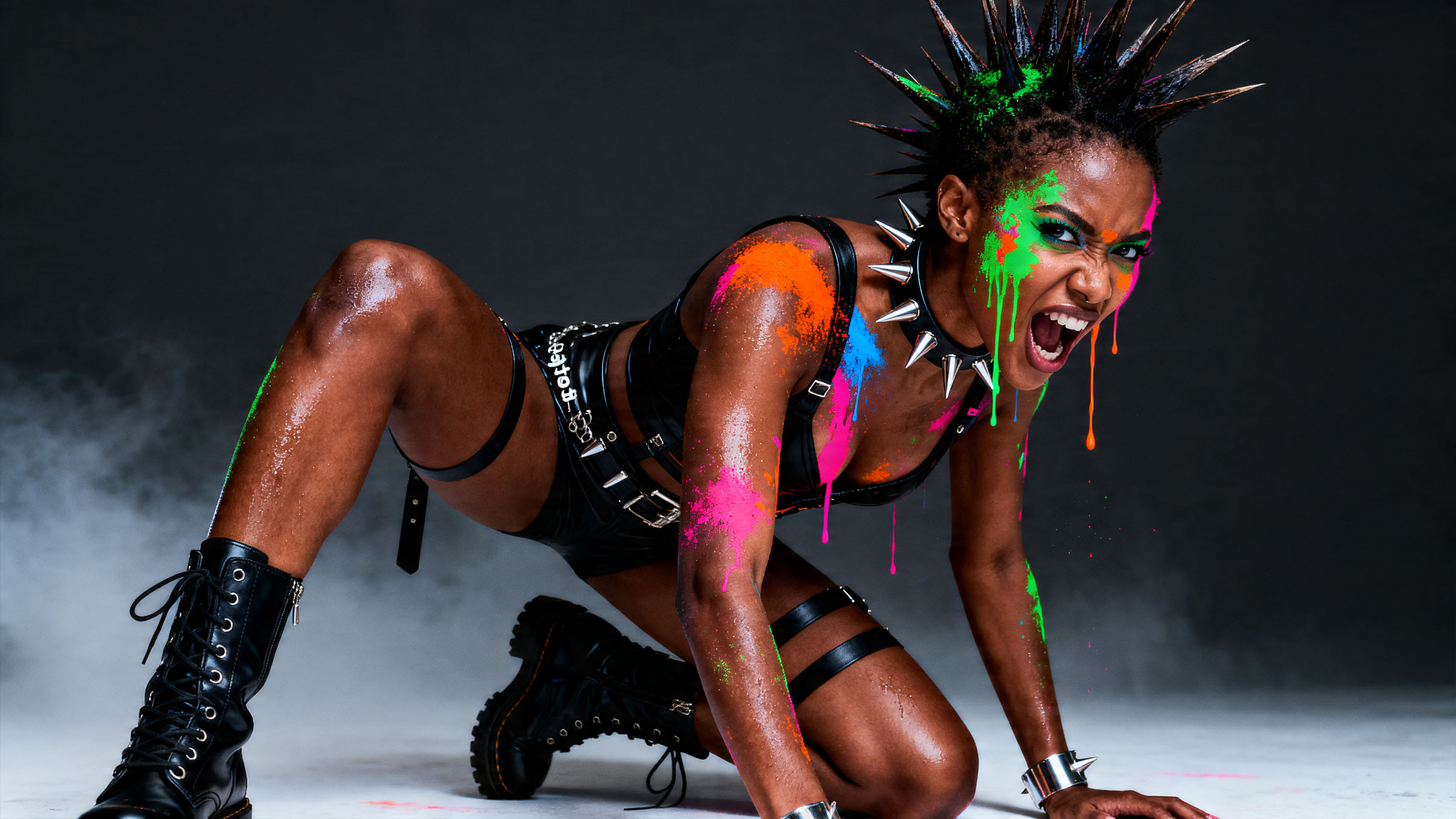 A man mid-shout, neon paint running down his face, lit by direct flash against black